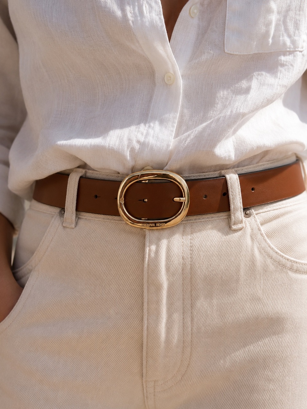 Michael Kors Tan Leather Belt with Gold Oval Buckle